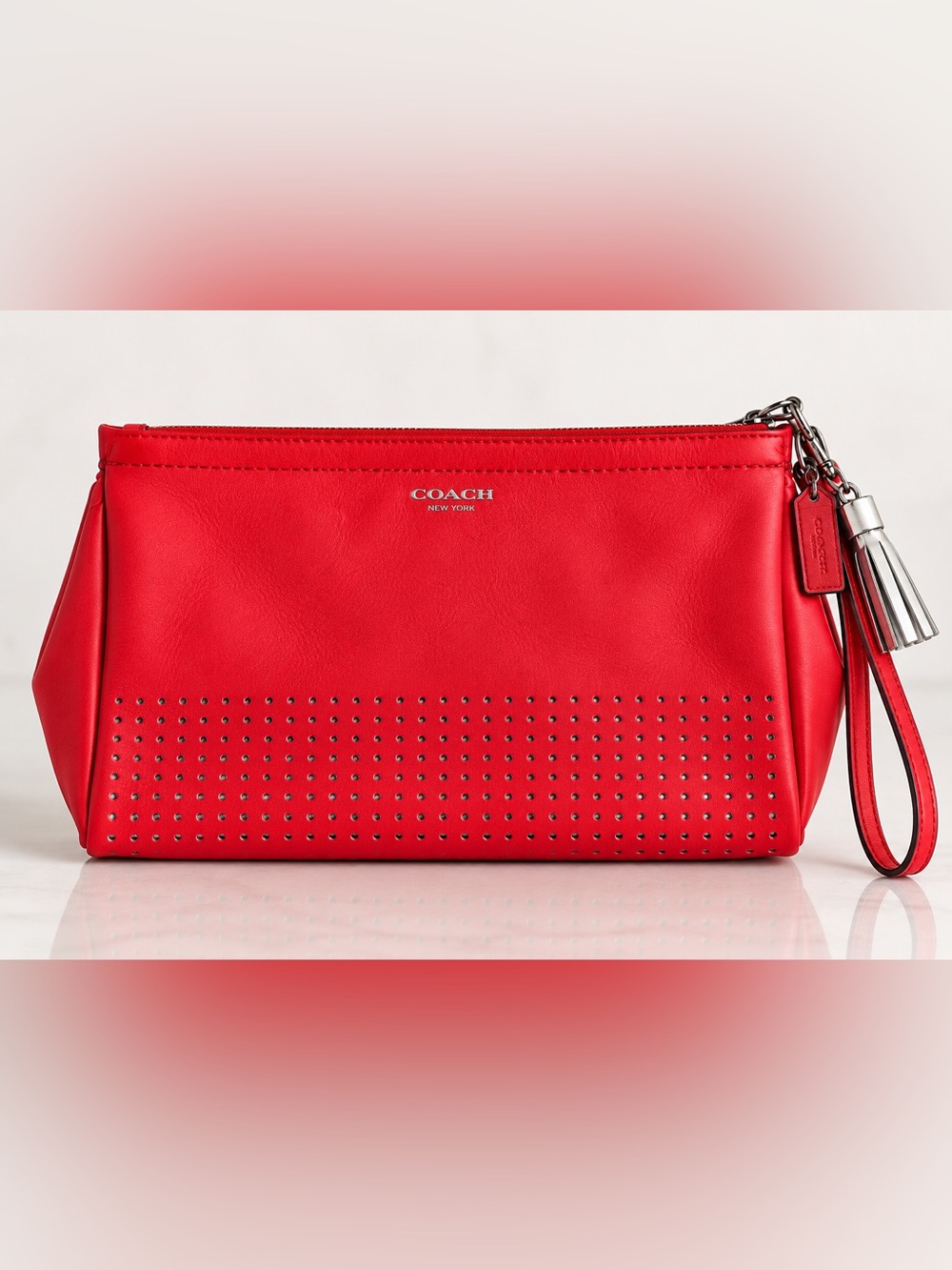 Coach Red Perforated Leather Wristlet Clutch